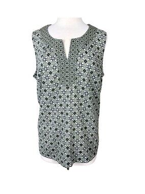 Talbots Sleeveless Trapunto Green Medallion Split Neck Cotton Popover Blouse XL